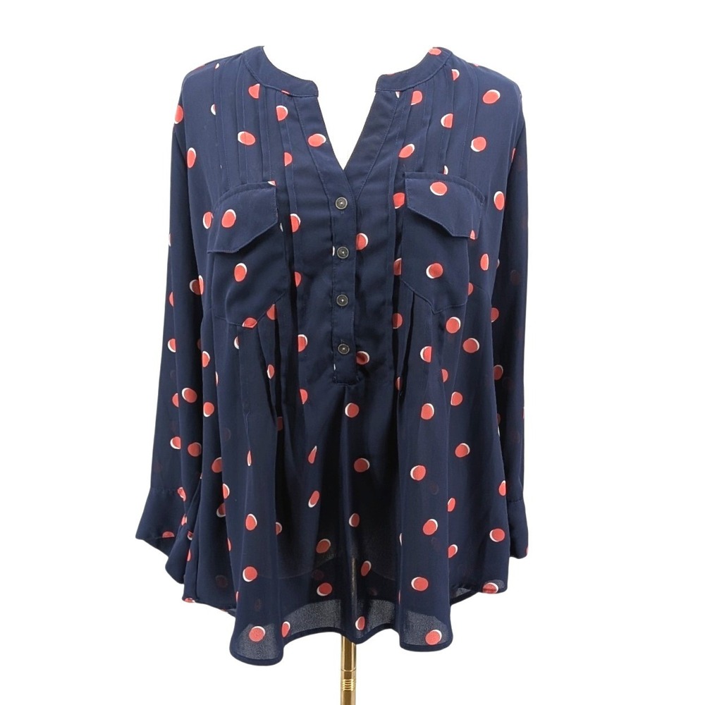 Polka Dot Tunic Blouse Navy Coral Flowy‎ Roll Tab Career Casual Size 1X